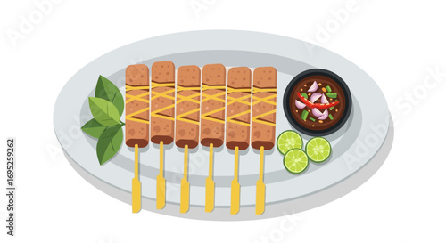Grilled sausage skewers with dipping sauce and fresh lime slices served artfully