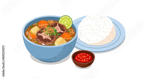 Hearty oxtail soup illustration, served alongside fragrant rice and sambal