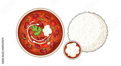 Illustration depicting a hearty bowl of chili with rice and a dollop of cream