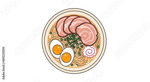 Illustration of a bowl of delicious ramen noodle soup on white backdrop