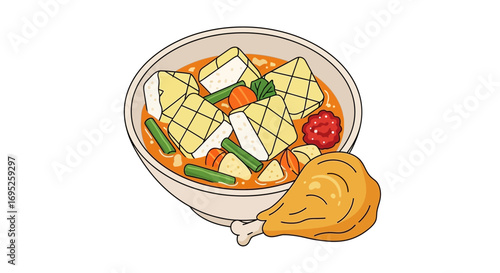 Illustration of a Bowl of Ketupat Sayur with Chicken Drumstick Dish