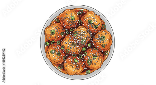 Illustration of Korean glazed chicken bites with sesame seeds in bowl