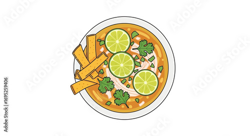 Illustration of tortilla soup with lime, coriander, and tortilla strips