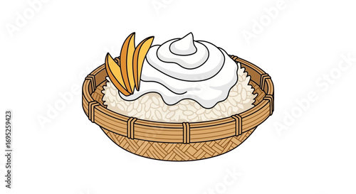 Illustration showcasing vibrant mango sticky rice served in woven basket