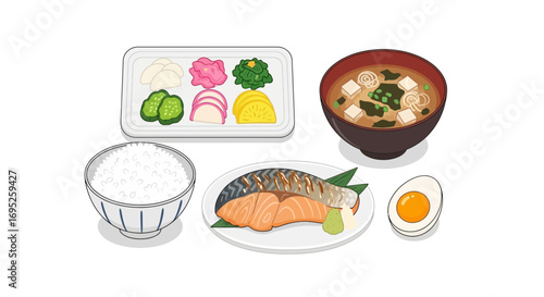 Japanese set meal with grilled salmon, miso soup and rice bowl illustration