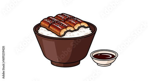 Japanese Unagi Donburi Illustration with Rice and Sauce, Cartoon Style