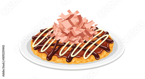 Okonomiyaki savory pancake dish with bonito flakes and toppings on plate