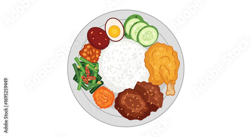 Nasi lemak with chicken, egg, vegetables and delicious spices illustration