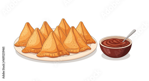 Samosas and Chutney Delightful Arrangement on a Platter for Appetizing Cuisine