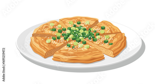 Savory scallion pancake on a white plate perfect for food illustrations