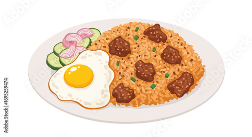 Savory fried rice dish featuring fried egg and fresh salad illustration