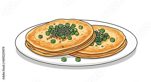 Scallion pancakes with chives illustration, Asian cuisine on white plate