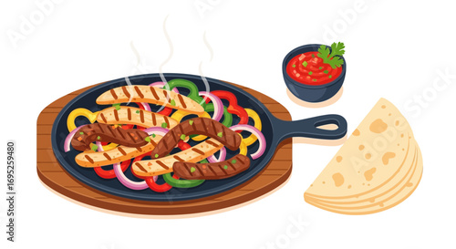 Sizzling fajitas on a cast iron skillet with tortilla and salsa bowl