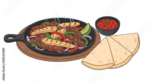 Sizzling fajitas with tortillas and salsa for a vibrant mexican feast