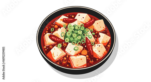 Spicy ma po tofu illustration in a black bowl against white background
