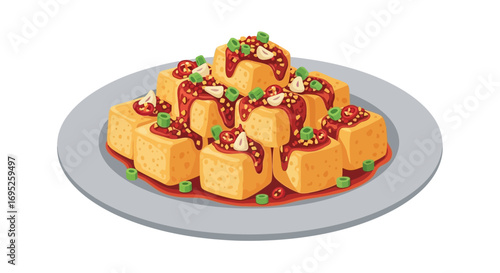 Stack of Tofu with Chili Sauce and Garnishes on a Plate Illustration
