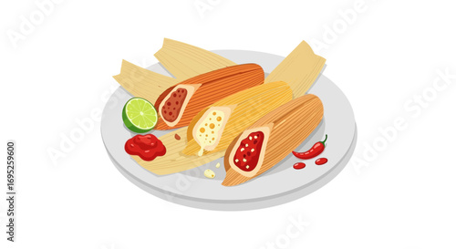 Traditional Mexican tamales served with lime and chili, culinary delight