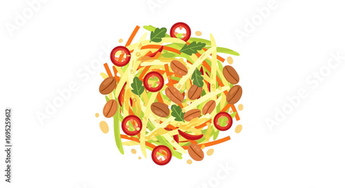 Vibrant Asian Salad Composition with Diverse Ingredients on White