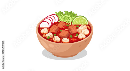 Vibrant bowl of posole, traditional mexican stew with garnishes illustration