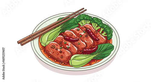 Vibrant asian cuisine plate with chili salmon and green vegetables