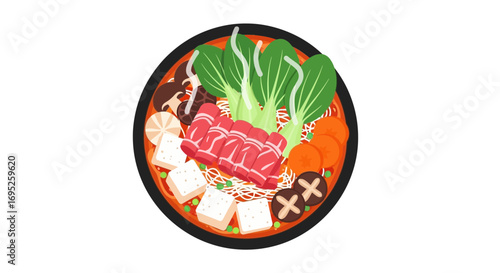 Vibrant hot pot bowl illustration with assorted fresh ingredients