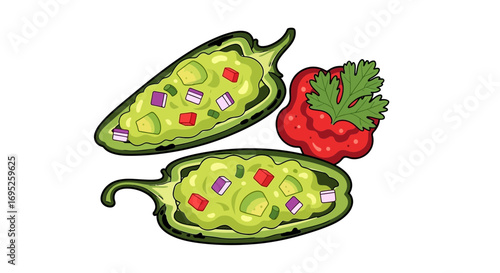 Vibrant illustration featuring halved stuffed jalapeños and a tomato garnish