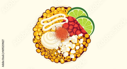 Vibrant Elote Bowl Presentation with Lime and Colorful Toppings