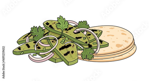 Vibrant illustration of nopal cactus tacos with onion and cilantro