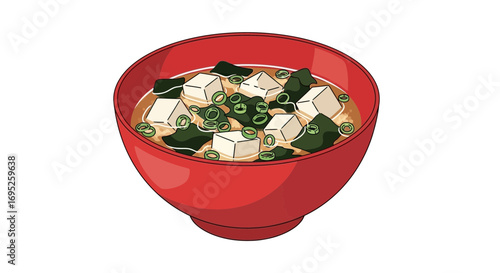 Vibrant illustration depicting a bowl of hearty miso soup with tofu