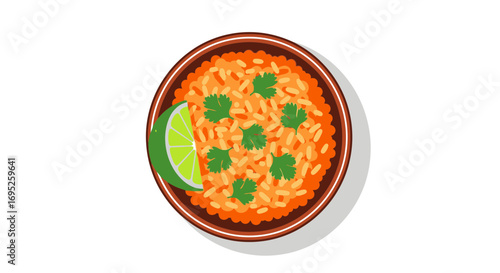 Vibrant rice dish with cilantro and a slice of lime, served in a brown bowl