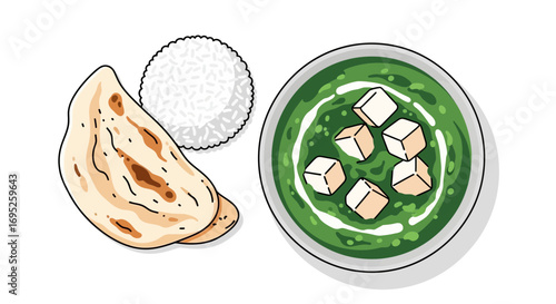 Vibrant palak paneer illustration served with rice and naan bread