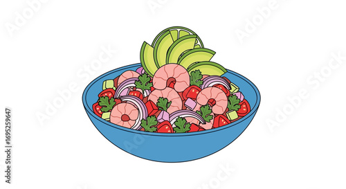 Vibrant Seafood Ceviche Bowl Cartoon, Fresh and Flavorful Composition