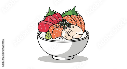 Vibrant Sashimi Bowl Illustration Showcasing Japanese Cuisine Delights