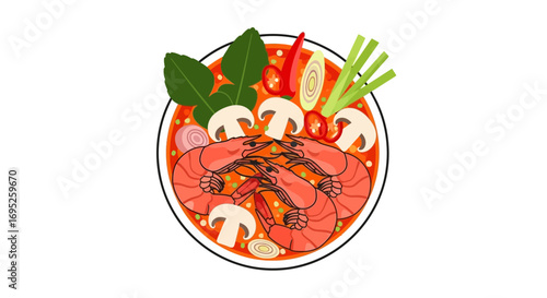 Vibrant tom yum soup bowl illustration with prawns and vegetables