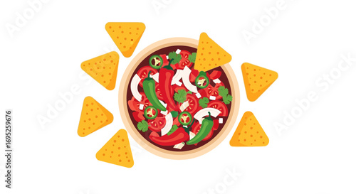 Vibrant vector depiction of pico de gallo with tortilla chips surrounding