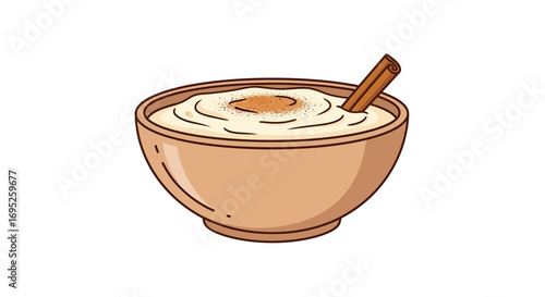Warm comforting rice pudding illustration with cinnamon stick detail