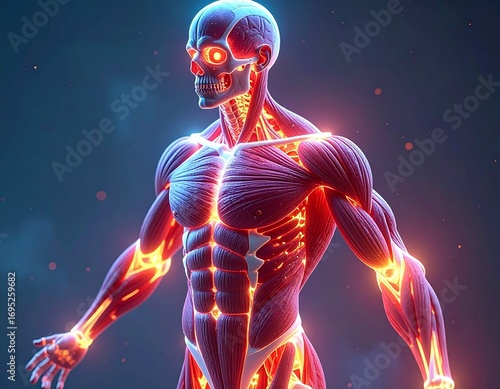 Detailed 3D anatomy model with glowing muscles