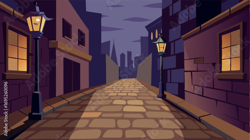 Cobblestone paving the way for this urban alley with flickering gas lamps adding to its oldfashioned charm.