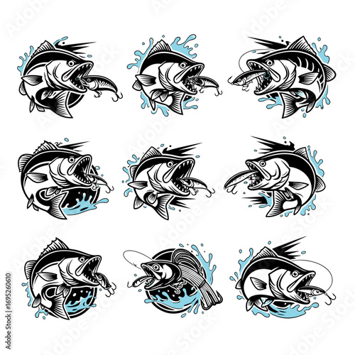 Illustrative collection of stylized fish designs, each with open mouths and fishing lures, surrounded by water splashes.