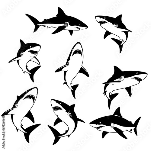 A collection of nine black and white graphic illustrations of sharks in various dynamic and aggressive poses on a white background.