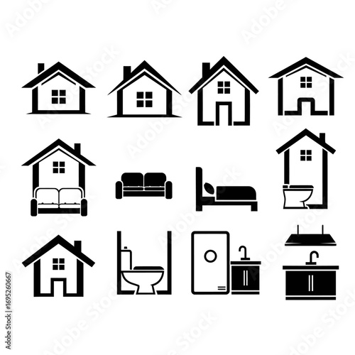 A collection of simple black and white icons representing different rooms and elements of a house.