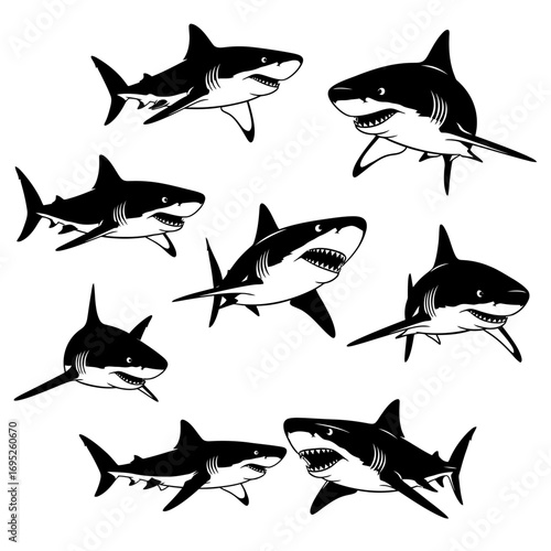 A collection of black and white stylized shark illustrations in various dynamic poses, showcasing different angles and expressions of these powerful marine predators.