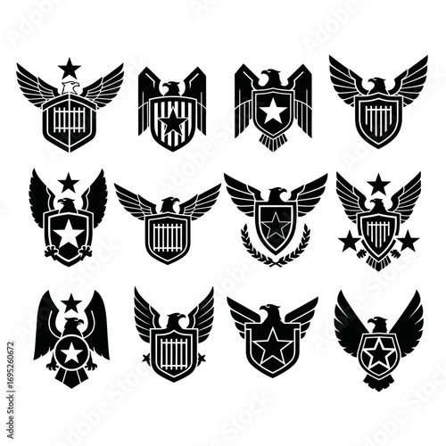 Collection of eagle emblems with stars and shields in black and white.