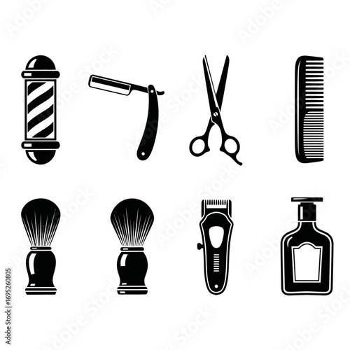 Set of black and white barber shop tools and equipment icons.