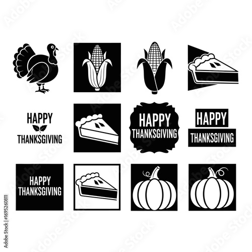 Thanksgiving Icons: Turkey, Corn, Pie, Pumpkin, Happy Thanksgiving.
