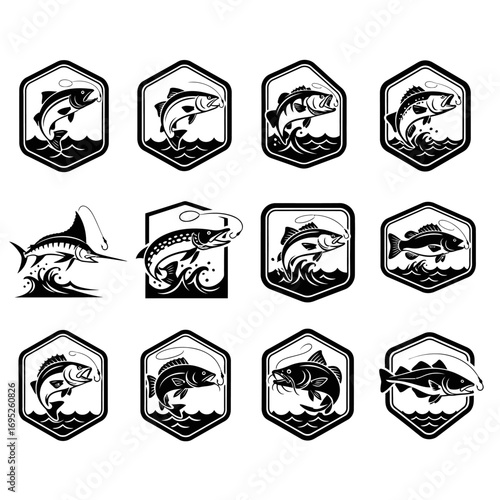 Collection of twelve black and white hexagonal and rectangular emblems featuring various fish species jumping from water, ideal for fishing logos or badges.