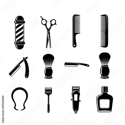 Barbershop tools and equipment icons set.
