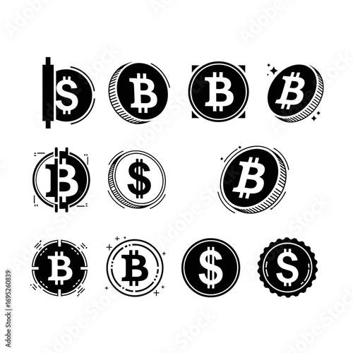 Collection of Bitcoin and dollar currency icons.