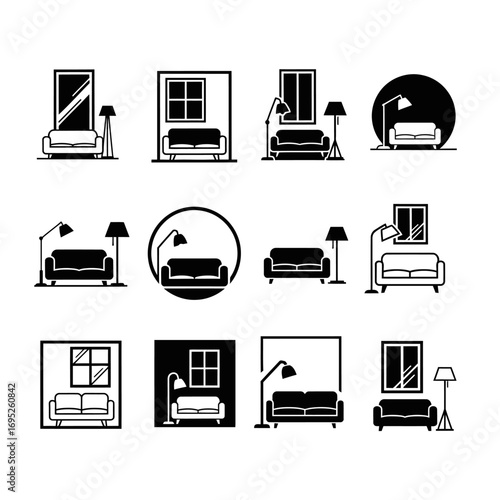 A collection of twelve minimalist black and white icons depicting living room interiors with sofas, lamps, and windows.