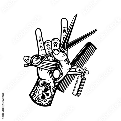 A tattooed hand making a rock and roll gesture while holding professional barber tools like scissors, a comb, and a straight razor.